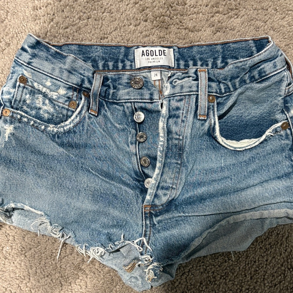 Agolde Distressed Light Blue Jean Shorts